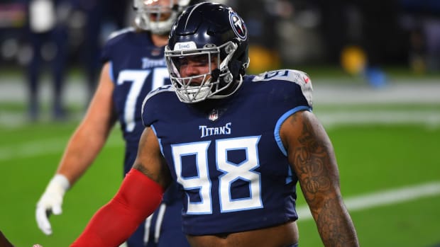 Tennessee Titans defensive tackle Jeffery Simmons (98) before the game against the Indianapolis Colts at Nissan Stadium.